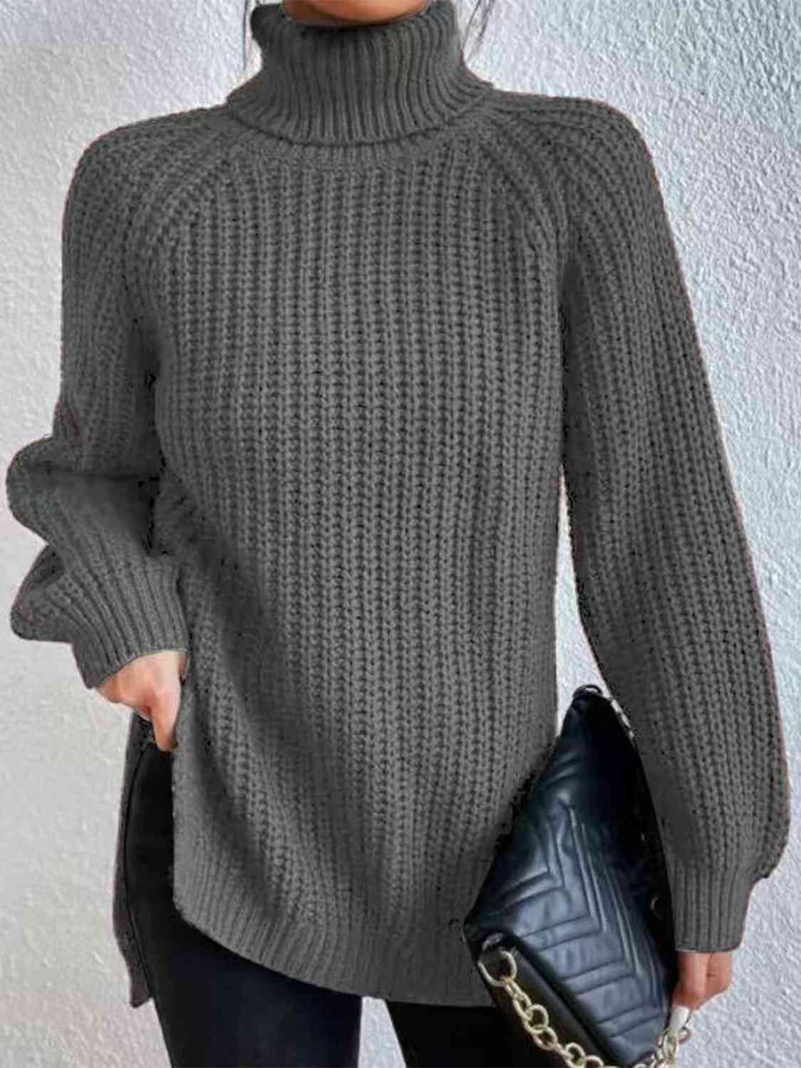 Women Ribbed Knit Turtleneck Sweater Side Slit