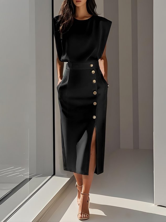 Calla | Women's Midi Dress | Round Neckline, Button Slit | Structured