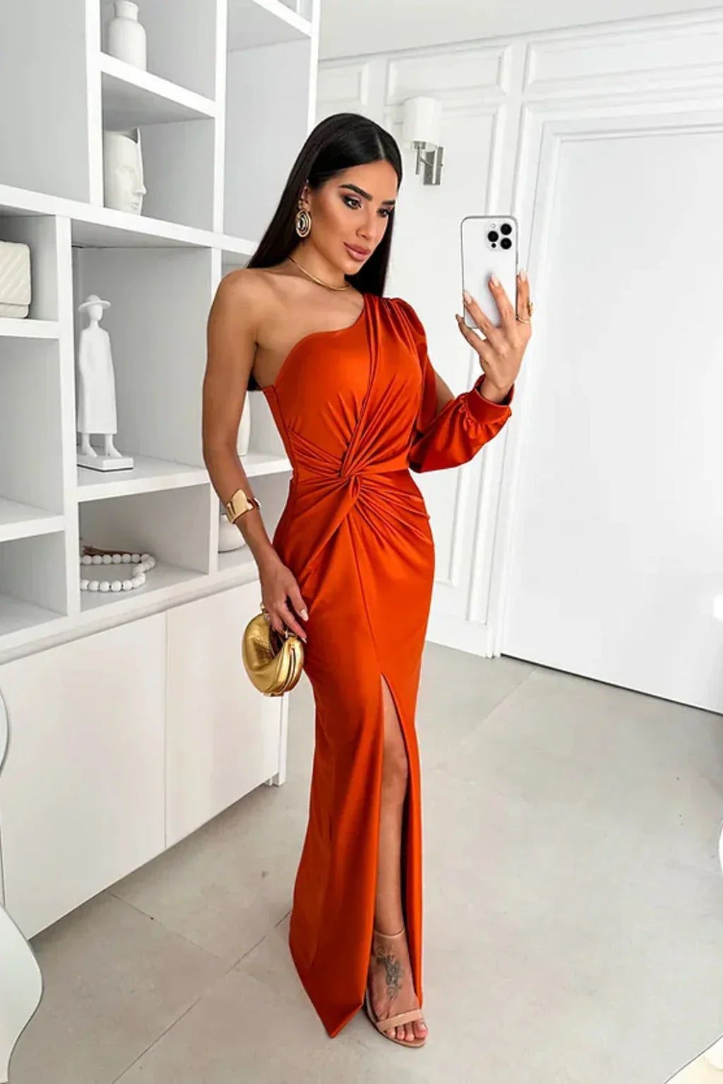 Evening Dress | One-Shoulder Satin Maxi, High Slit & Draping | Esma