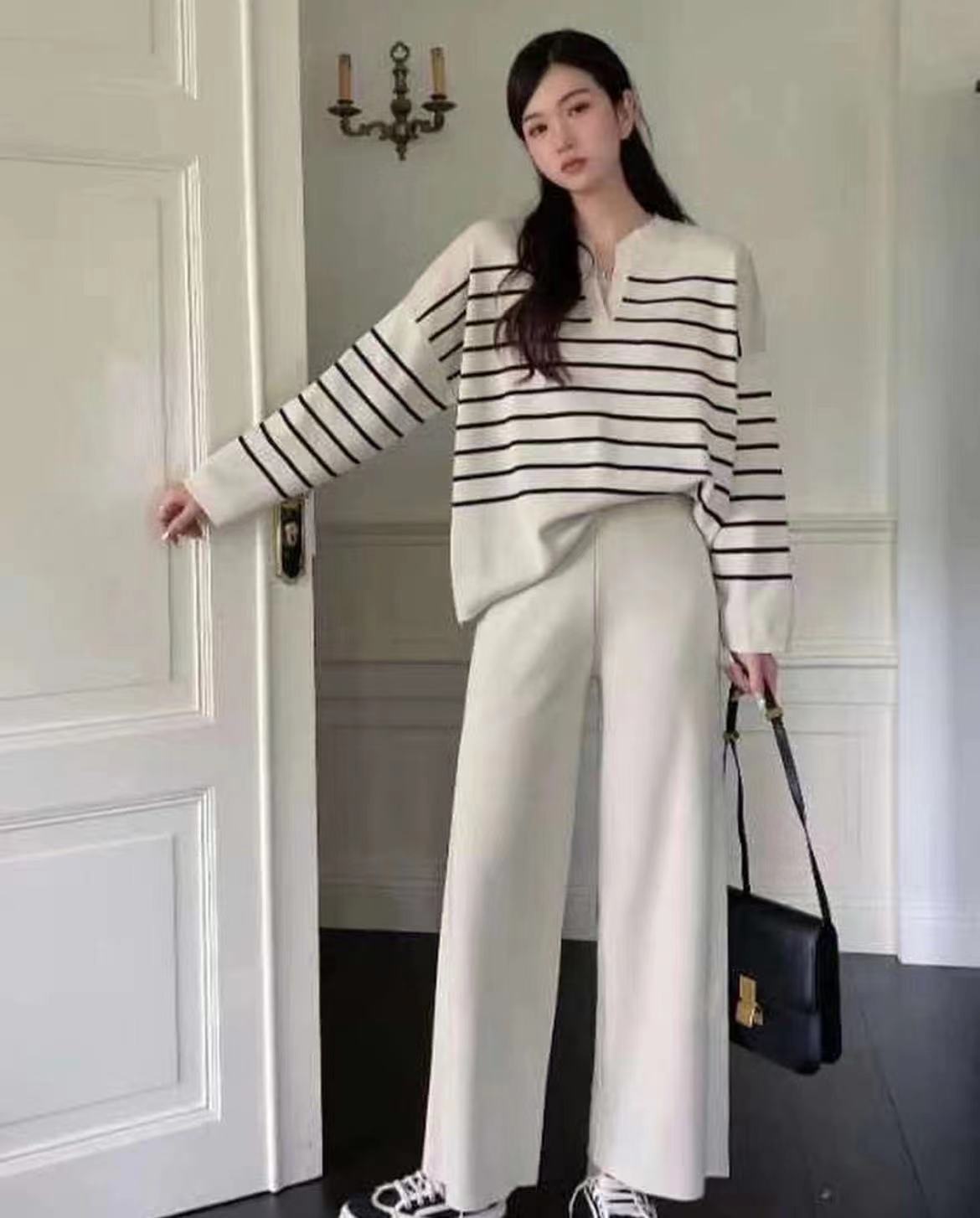 Women 2 Piece Knit Blouse Wide Leg Trousers Striped Set