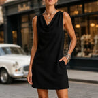 Mini Dress Women Cowl Neck Sleeveless Shift Side Pockets
