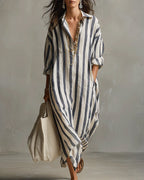 Aria | Women's Striped Maxi Dress | Blue, Lapel Collar, Casual Spring