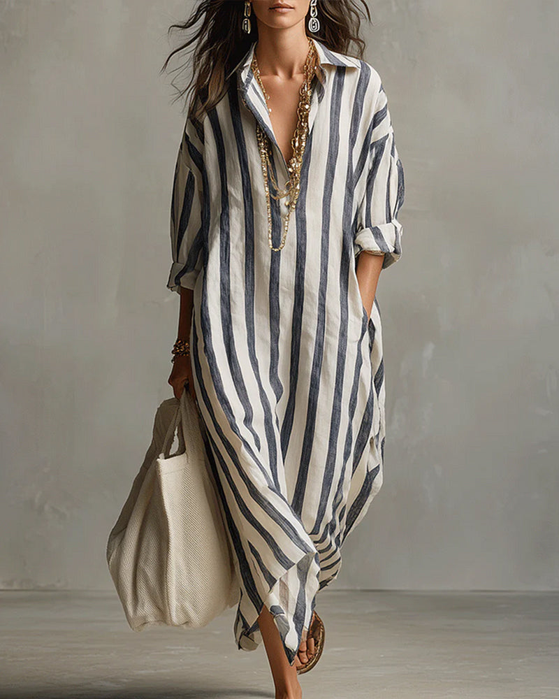 Aria | Women's Striped Maxi Dress | Blue, Lapel Collar, Casual Spring