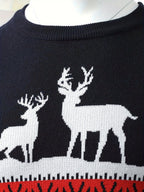 Christmas Sweater Men Reindeer Motif Knit Pullover Crew Neck