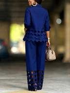 Women Blouse Stand Collar Three Quarter Sleeve Hollow Buttoned Loose | Aria