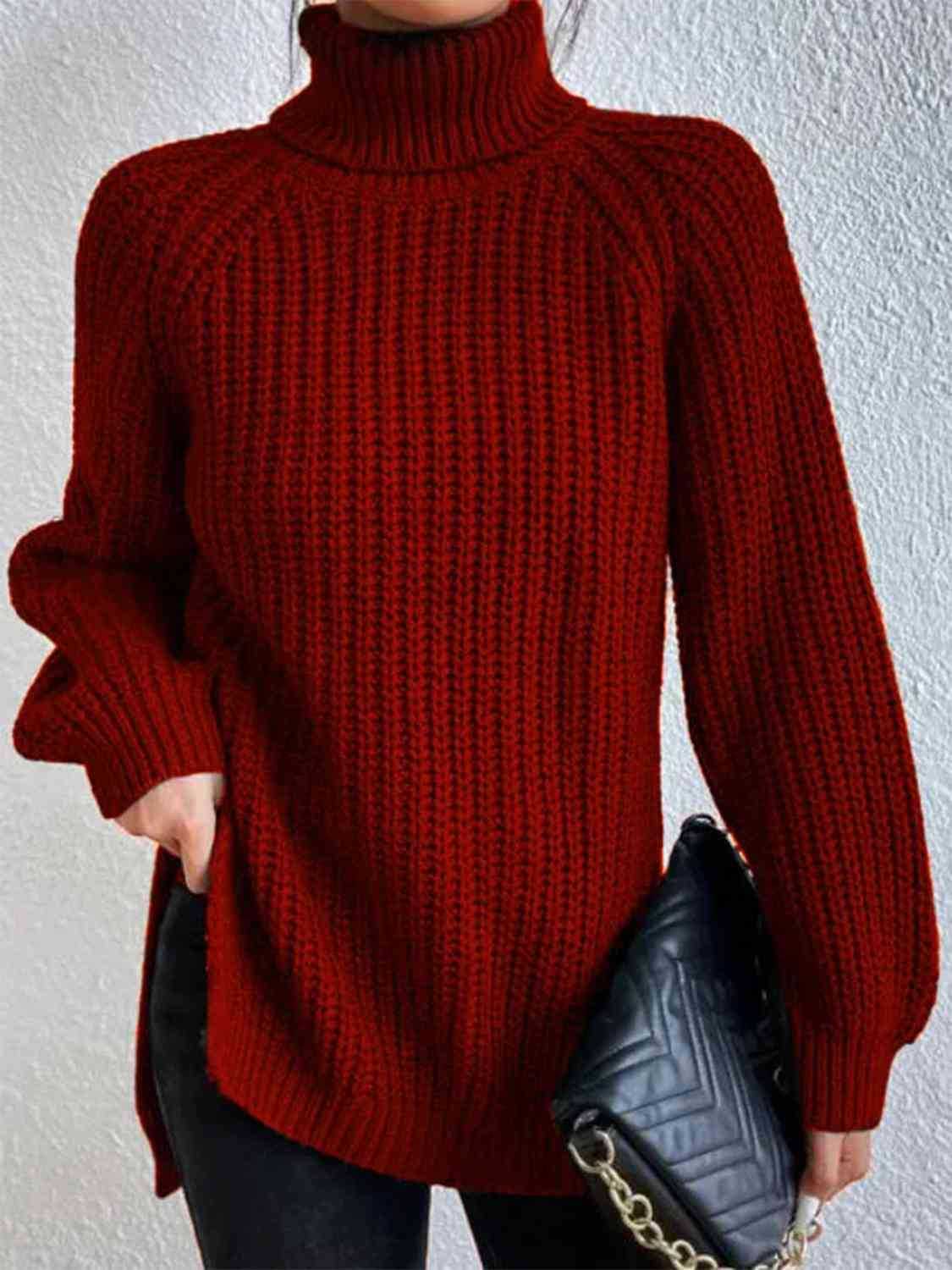 Women Ribbed Knit Turtleneck Sweater Side Slit