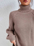 Women Ribbed Knit Turtleneck Sweater Side Slit