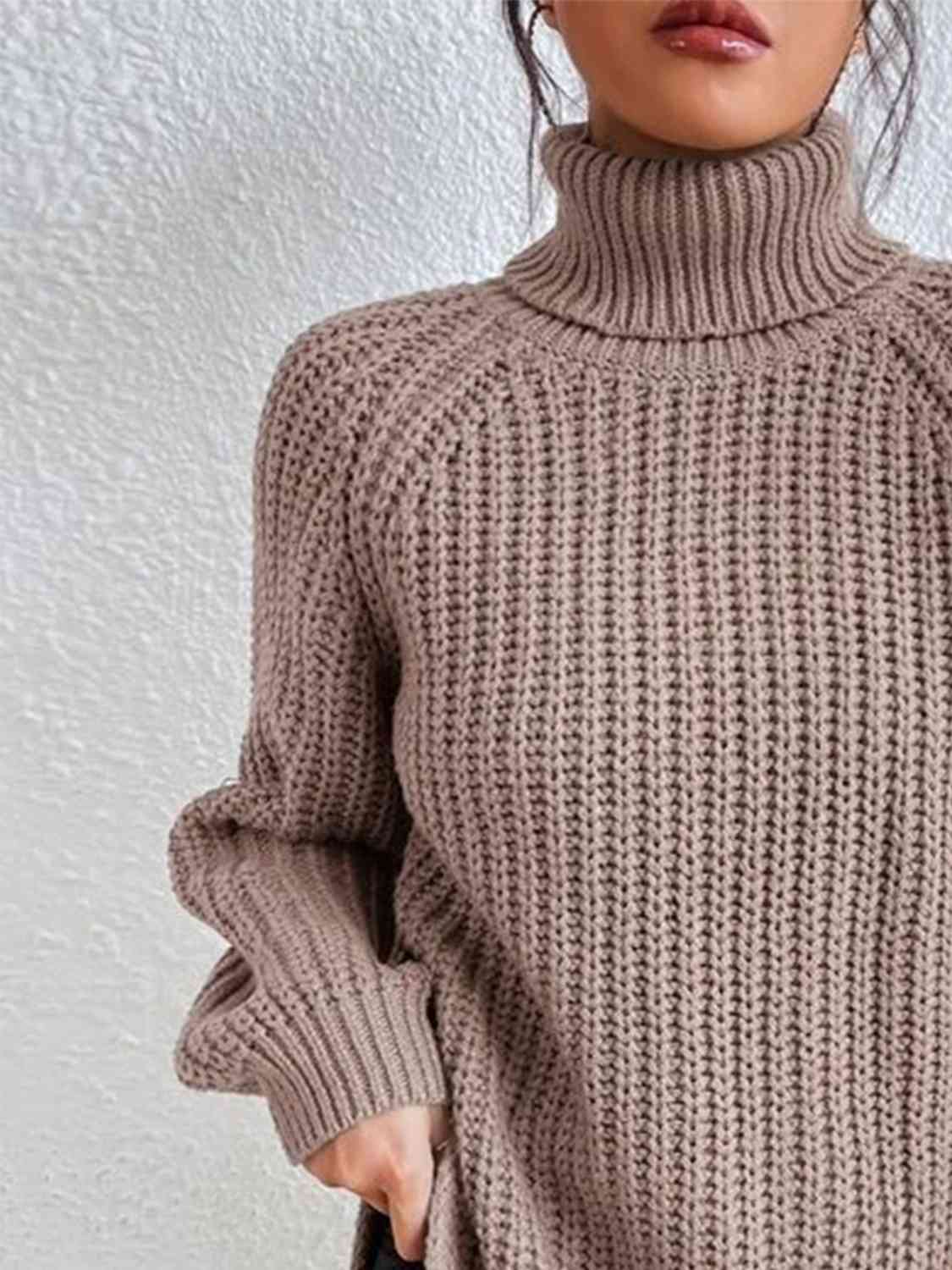 Women Ribbed Knit Turtleneck Sweater Side Slit