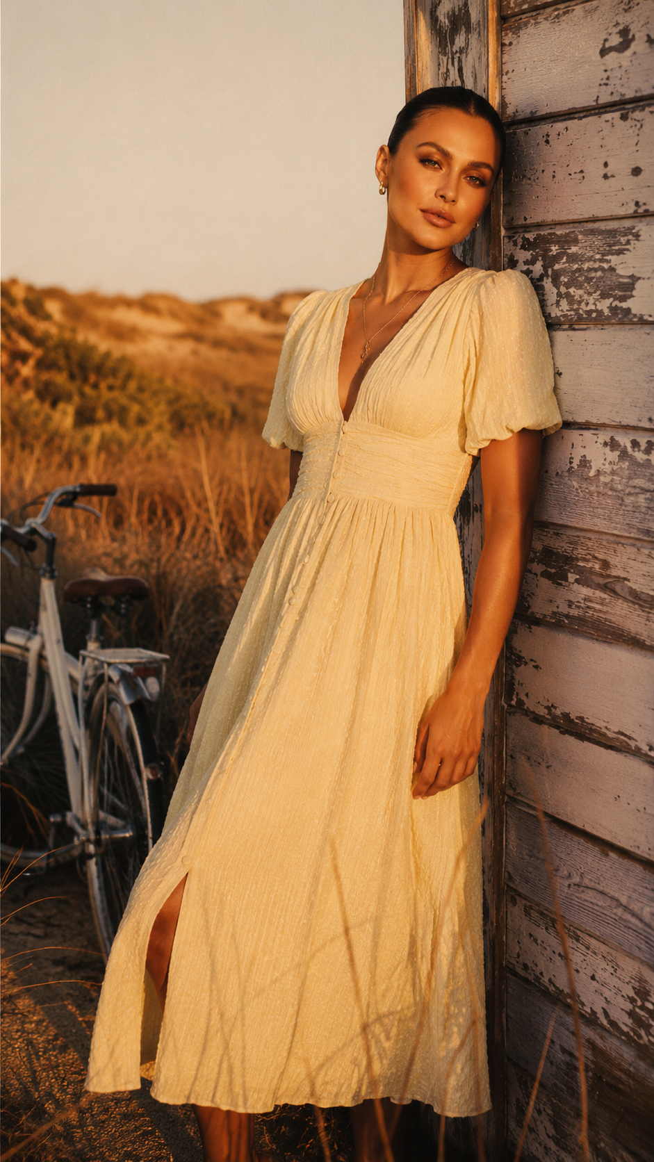 Midi Dress Women V Neck Puff Sleeve Flowy Lightweight Fabric