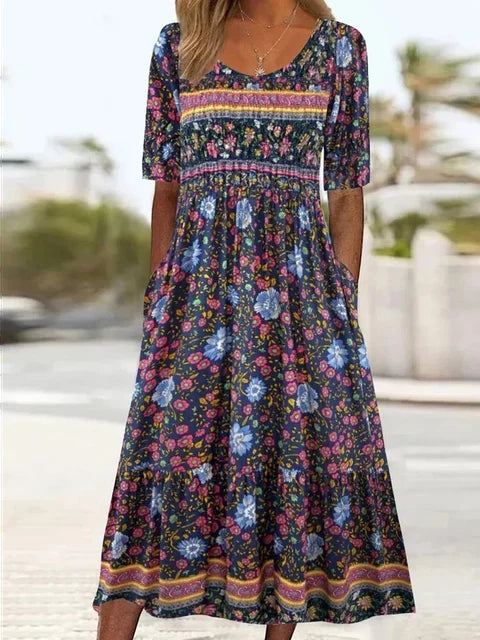 Yara | Women's Midi Dress | Boho Print, Square Neck, Short Sleeve