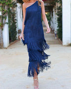 Long summer dress women dropped shoulder maxi length, relaxed one-piece design