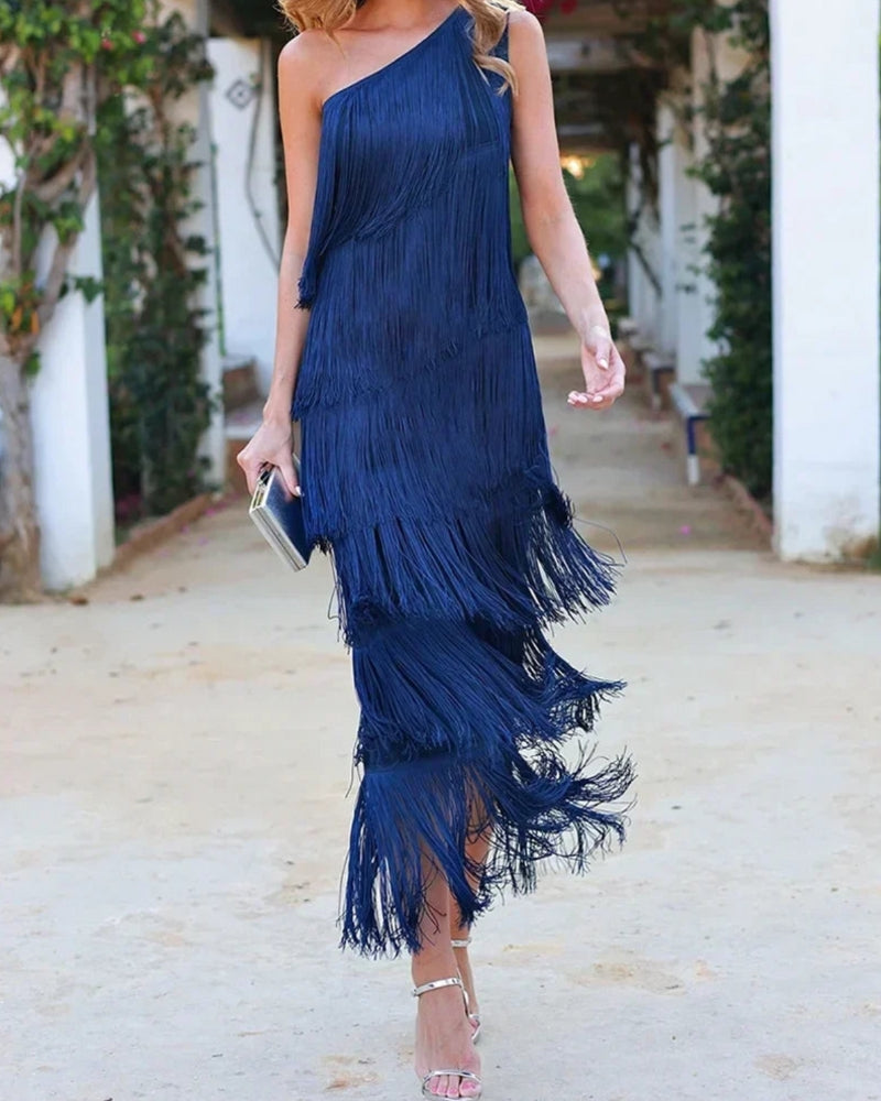 Long summer dress women dropped shoulder maxi length, relaxed one-piece design