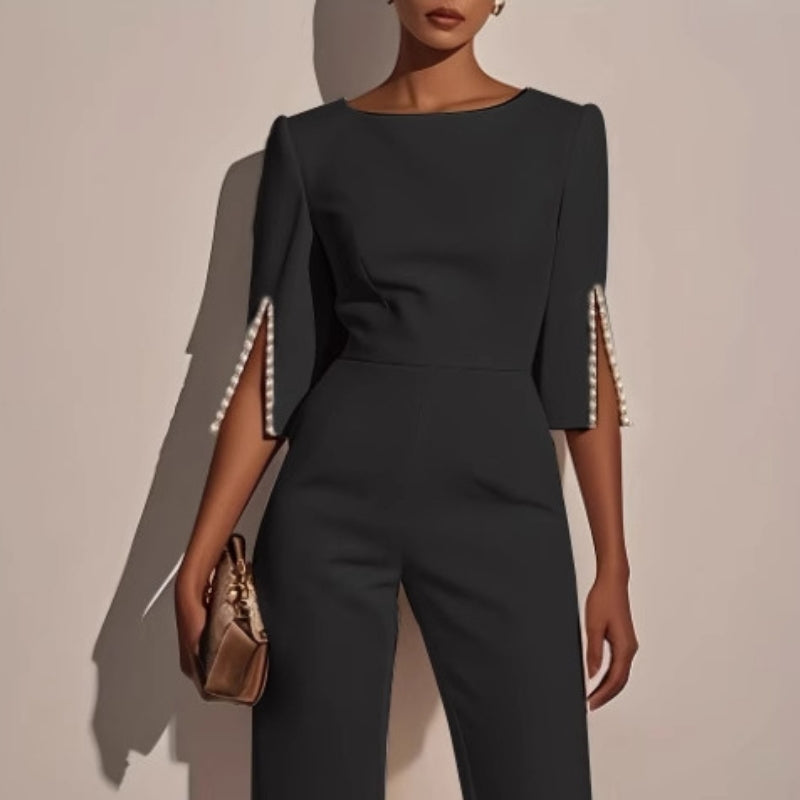 Yvaine | Women's Wide Leg Jumpsuit | Pearl Sleeve Detail, Relaxed Fit
