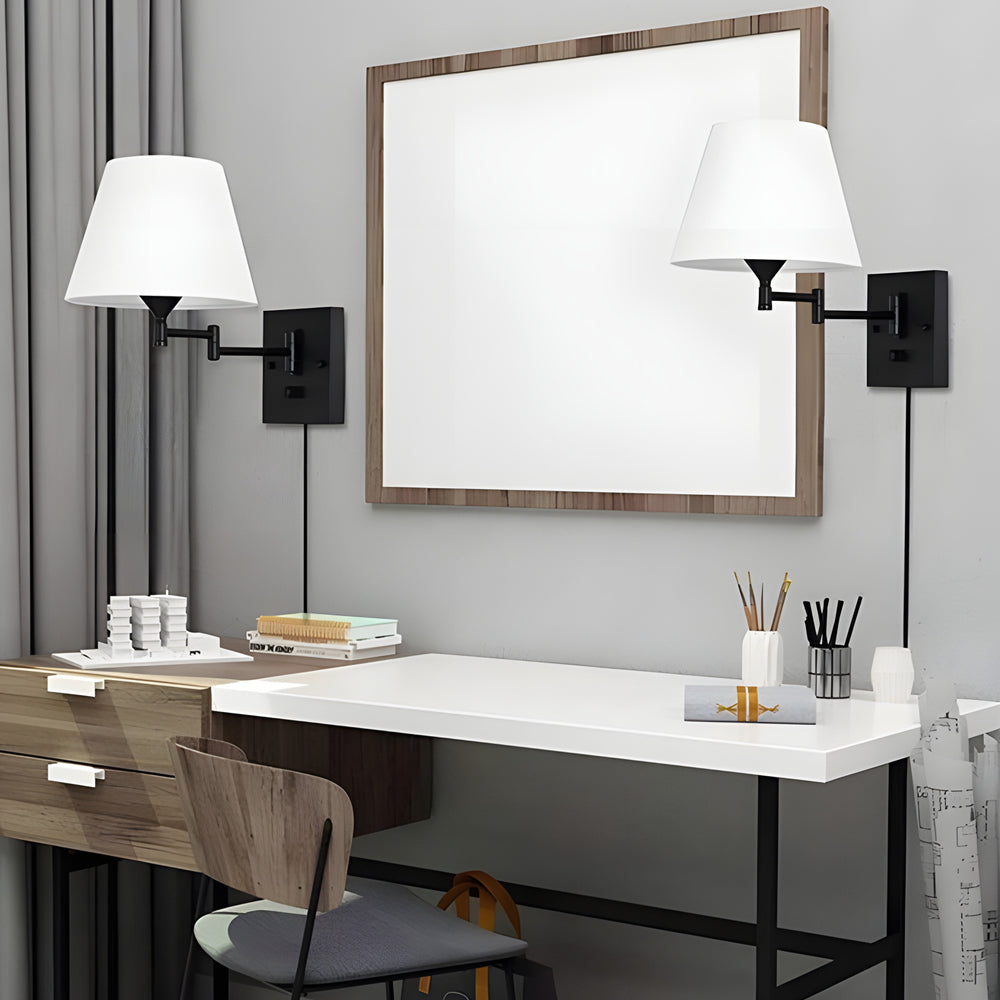 Luna | Swing Arm Wall Lamp | Plug-In, Linen Shade, Black | 1-Light