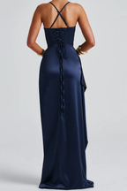 Cleo | Maxi Dress | Women's Ruched Satin Spaghetti Strap, High Slit | Navy Blue
