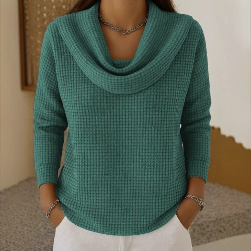 Women Waffle Knit Sweater Waterfall Neck