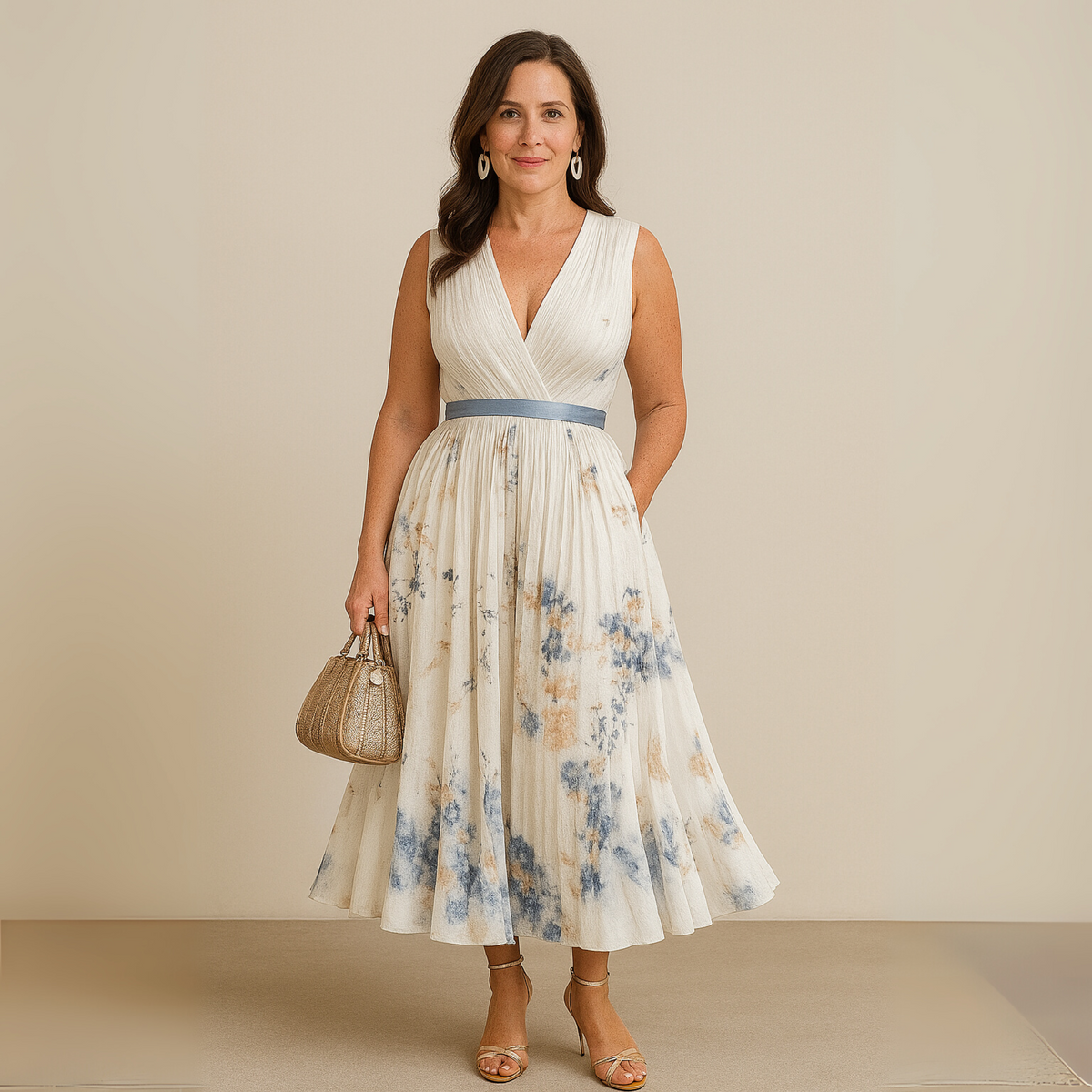Women Flowy Midi Dress Pleated