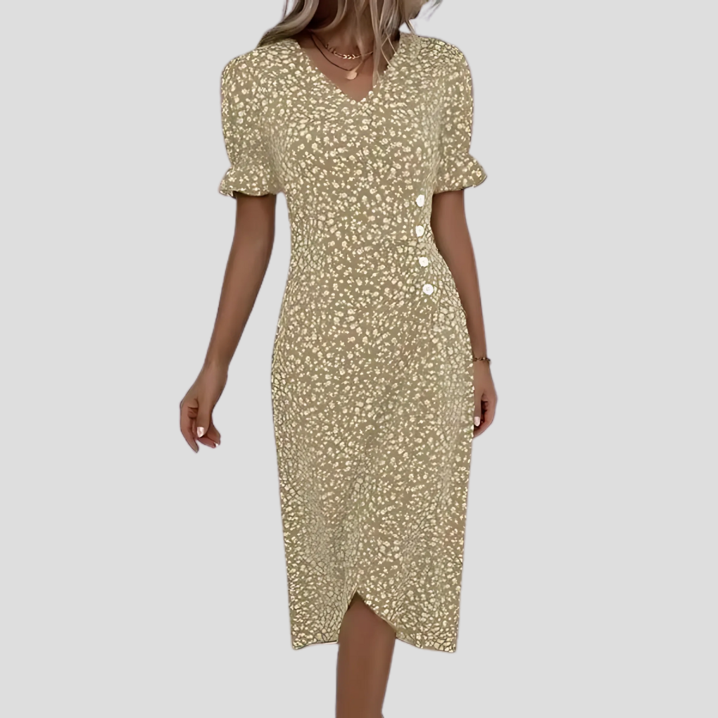 Zinnia | Women's Floral Midi Dress | V-Neck, Puff Sleeves, A-Line | Summer