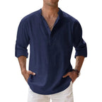Men Linen Shirt Henley Lightweight Long Sleeve Button Neck Casual