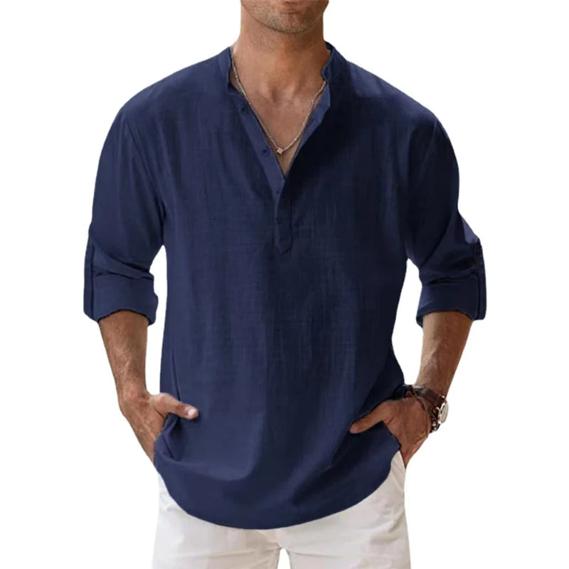 Men Linen Shirt Henley Lightweight Long Sleeve Button Neck Casual