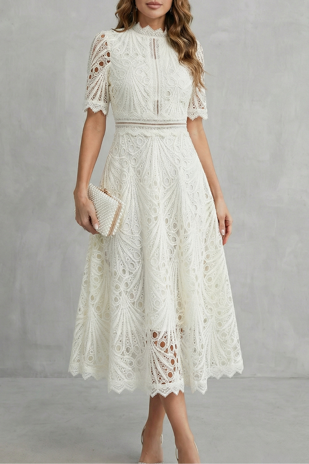 Midi Dress Women Lace Cutwork High Neck Short Sleeve Flared Skirt