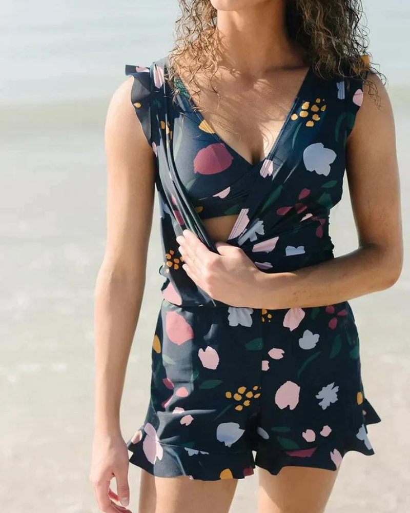 One Piece Swimsuit Women Built In Bra V Neck Ruffle Strap Shorts