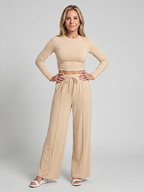 Women 2 Piece Long Sleeve Crop Top Wide Leg Pants Set