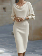 Midi Dress Womens Batwing Sleeve Crew Neck Casual Flowy Silhouette