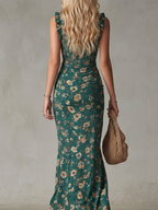 Lux | Midi Dress | Dark Green Smocked Bodice, Ruffle Strap, Front Slit
