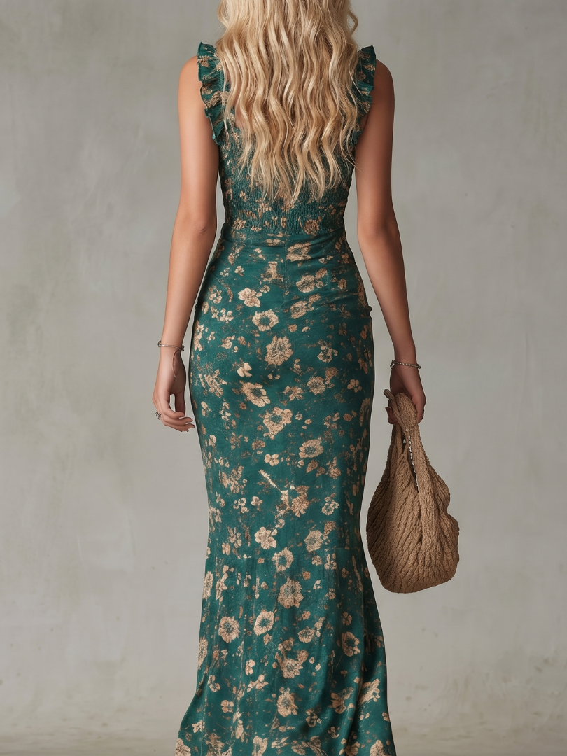 Lux | Midi Dress | Dark Green Smocked Bodice, Ruffle Strap, Front Slit