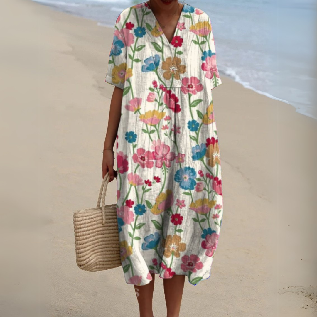 Summer Dress Women V Neck Cotton Linen Blend Floral Print Lightweight