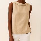 Women Linen Cotton Sleeveless Longline Top Pleated Collar