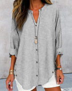 Women Loose Fit Long Sleeve Button-Up Blouse Striped V-Neck