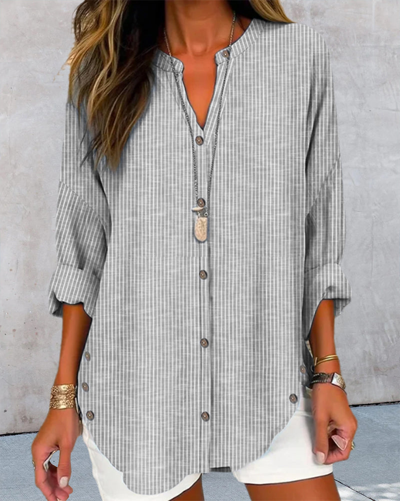 Women Loose Fit Long Sleeve Button-Up Blouse Striped V-Neck