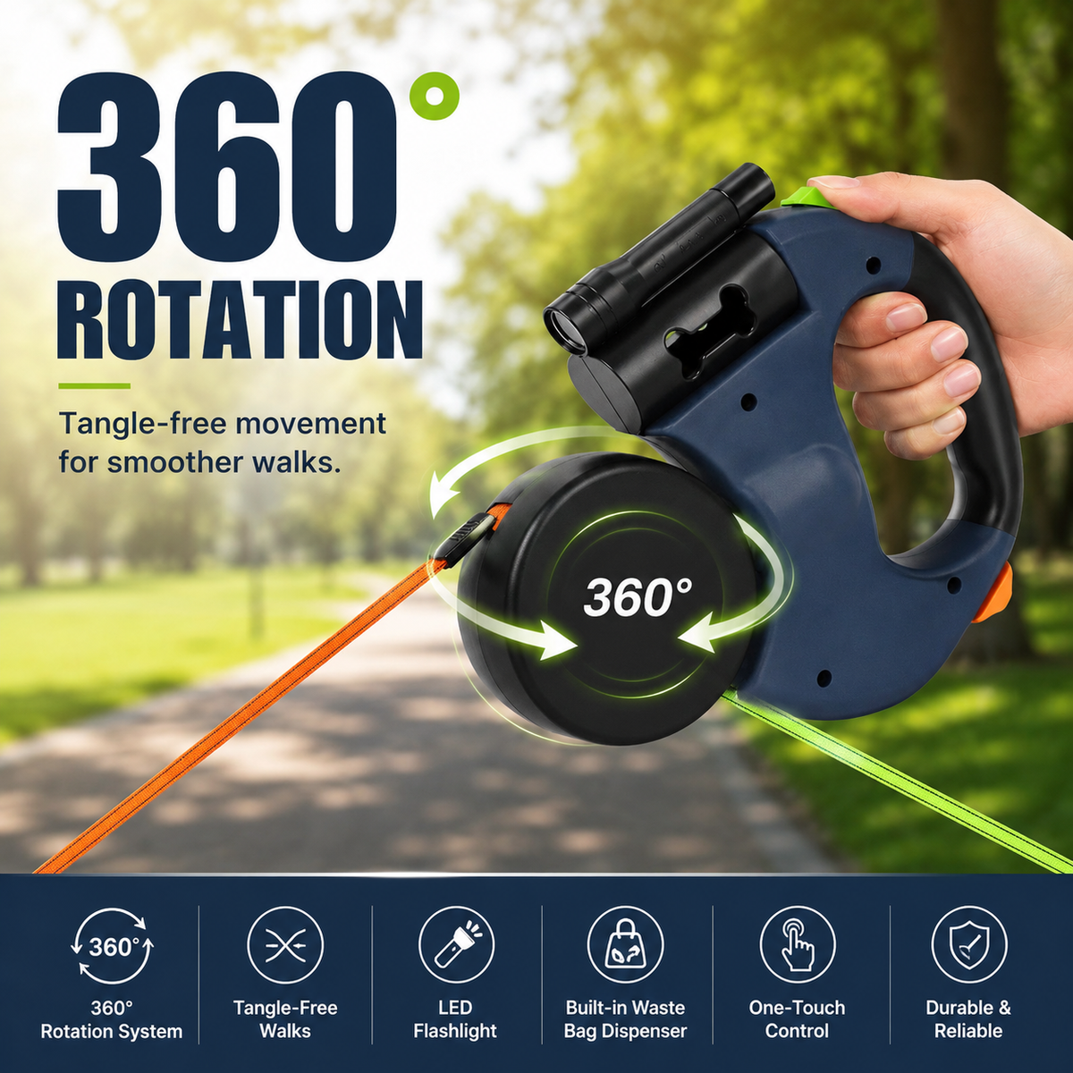 Ottoline | Dual Retractable Dog Leash | Two Dogs, Built-In Flashlight | 10FT