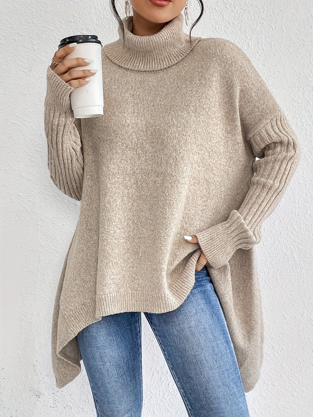 Women knit sweater high neck asymmetric hem relaxed fit