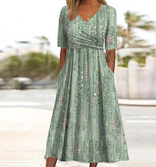 Women floral print high-waist A-line dress with V-neckline and short sleeves