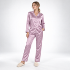 Satin Pajamas Women Two Piece Long Sleeve Collared Shirt Set