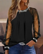 Sequin Top Women Long Sleeve Round Neck Cotton Blend Mesh Blouse