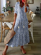 Boho Dress Women Ikat Print Ruffled V Neck Flowy Fit Lightweight
