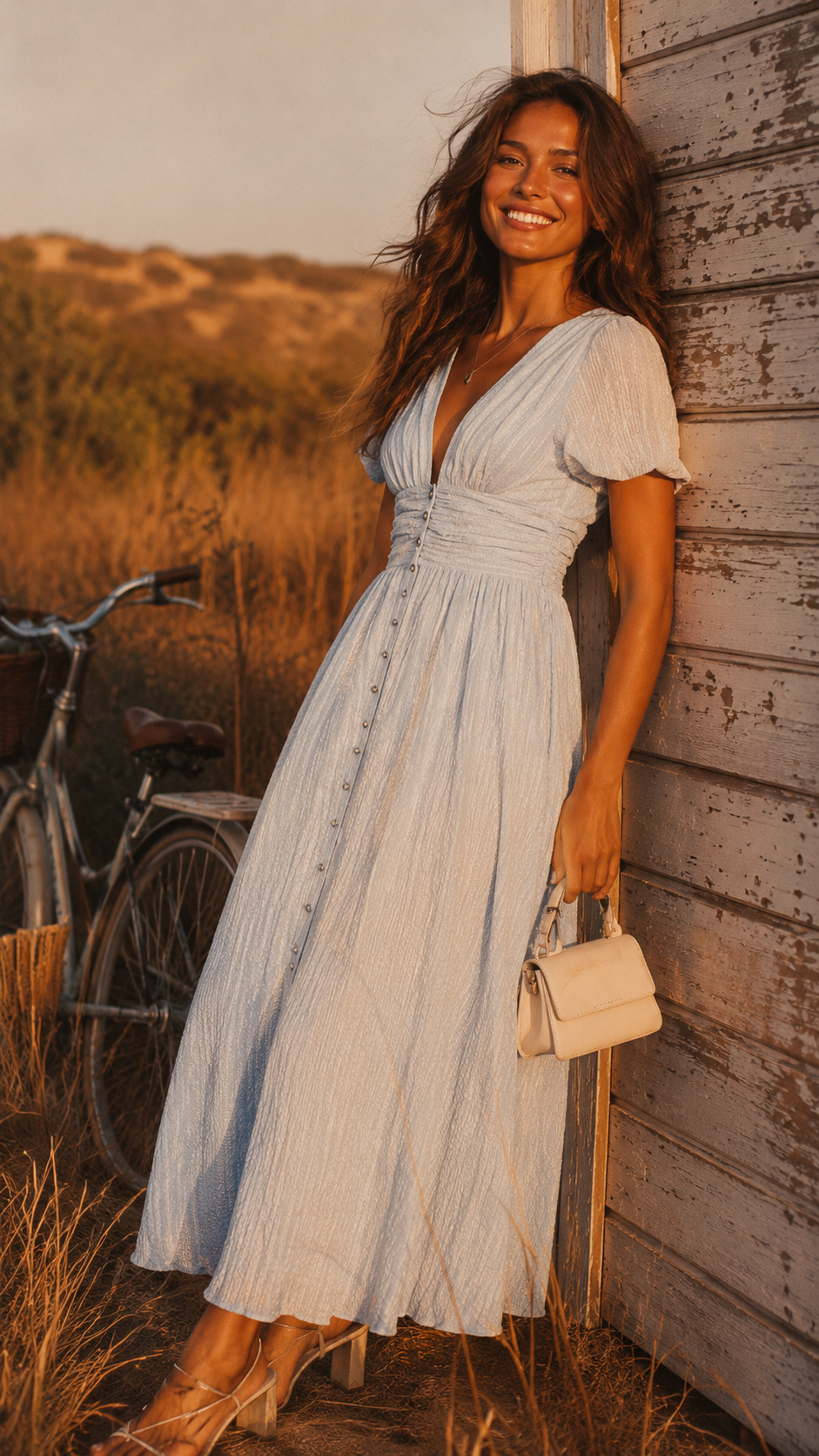 Midi Dress Women V Neck Puff Sleeve Flowy Lightweight Fabric