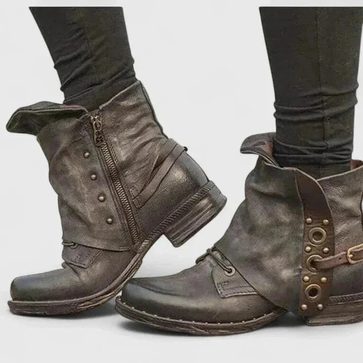 Xanthe | Women's Ankle Boots | Distressed Faux Leather, Buckle Strap | Western Style