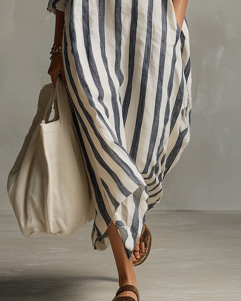 Aria | Women's Striped Maxi Dress | Blue, Lapel Collar, Casual Spring