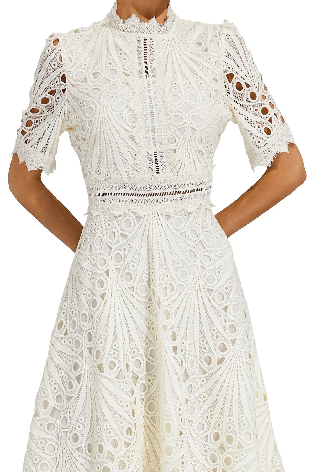 Women lace midi dress A-line fit and flare with mock neck and cutout waist