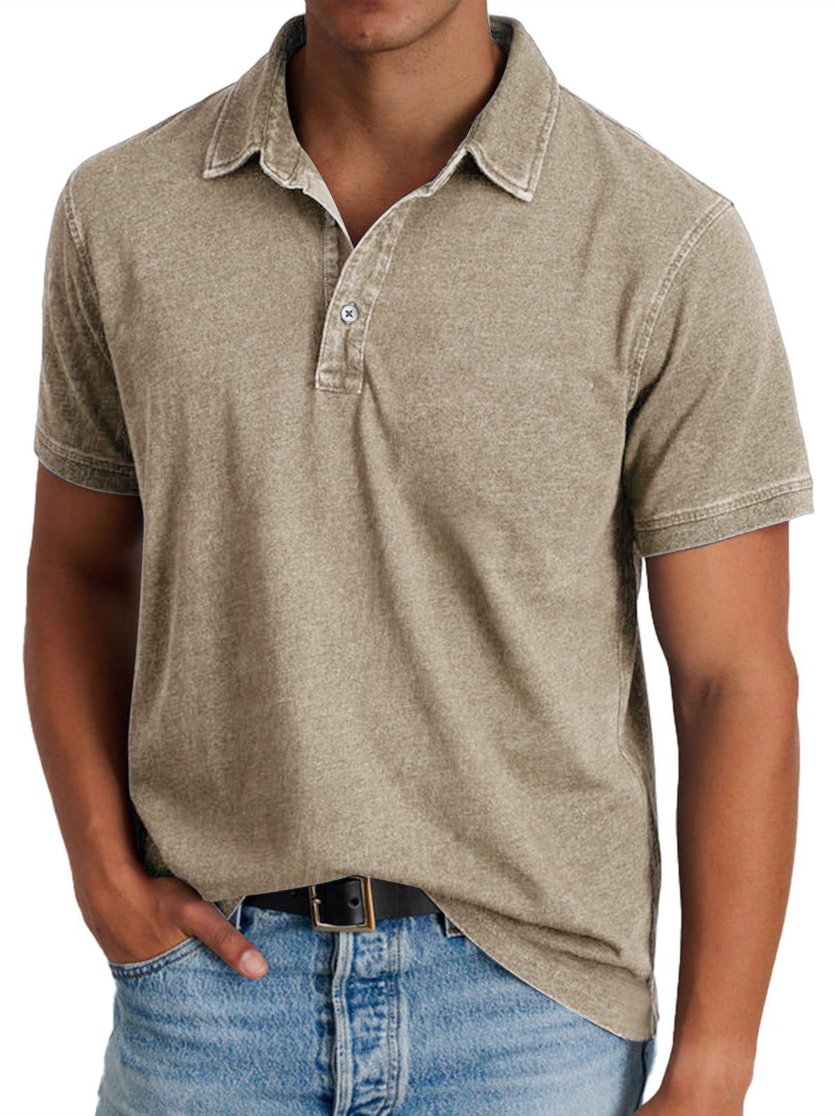 Polo Shirt Men Button Placket Collar Relaxed Fit Lightly Faded