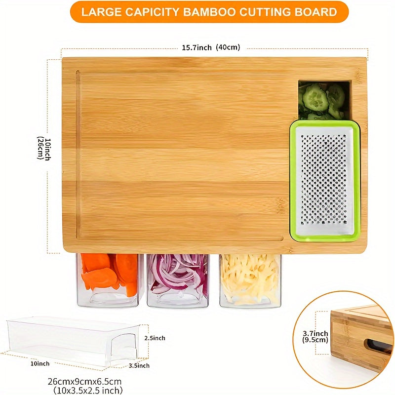 Delphine | Bamboo Cutting Board | Storage Trays, Graters & Juice Groove | Meal Prep Station