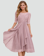 Cocktail Dress Women Midi Lace Top Tulle Skirt Three Quarter Sleeve