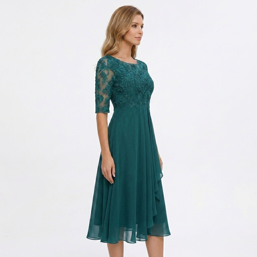 Midi Dress Women Lace Top Tulle Skirt Formal Three Quarter Sleeve