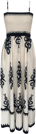 Anouk | Women's Maxi Dress | Bohemian Smocked Square Neck, Sleeveless, White