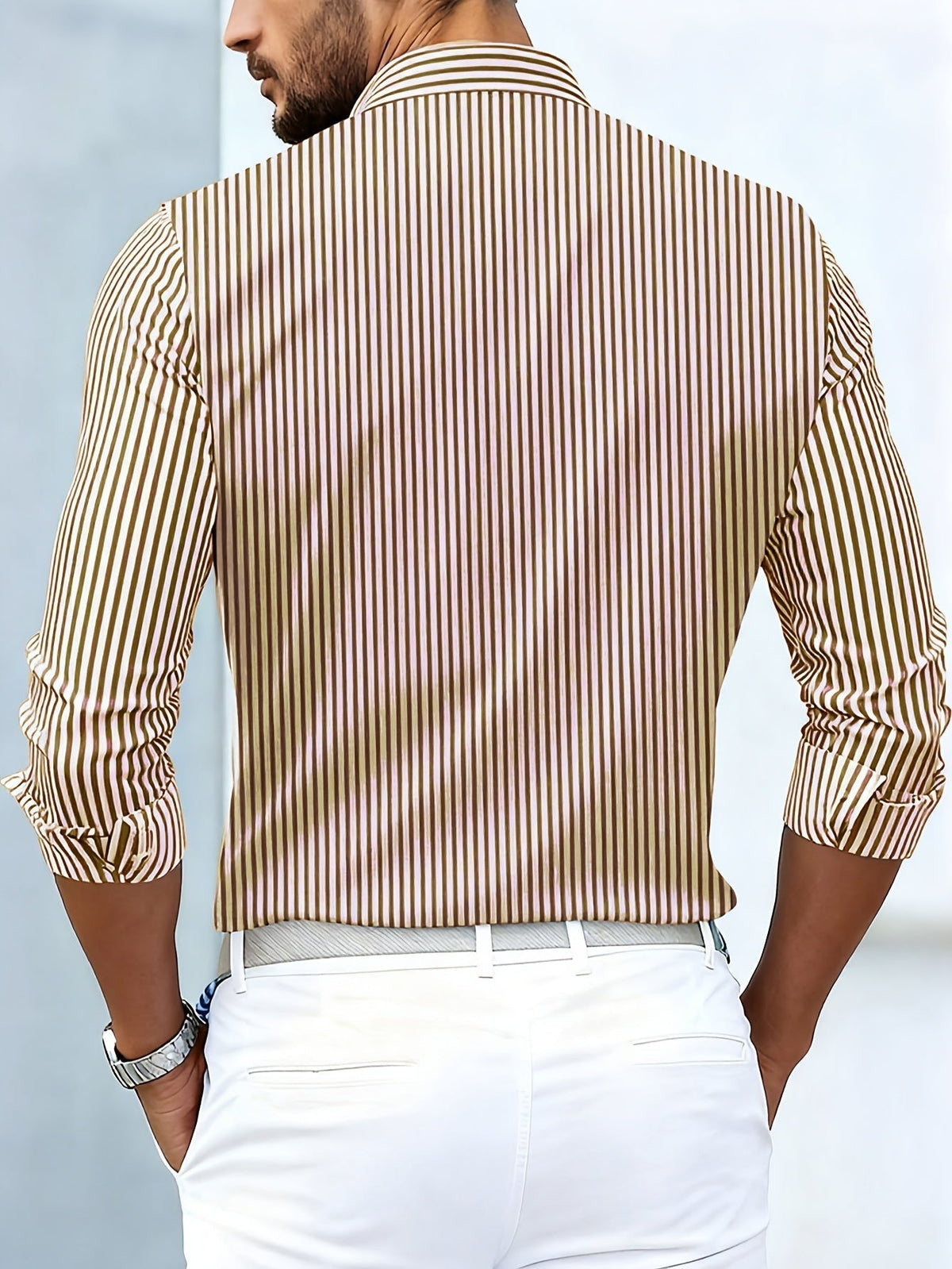 Men long sleeve striped shirt vintage wash relaxed regular fit